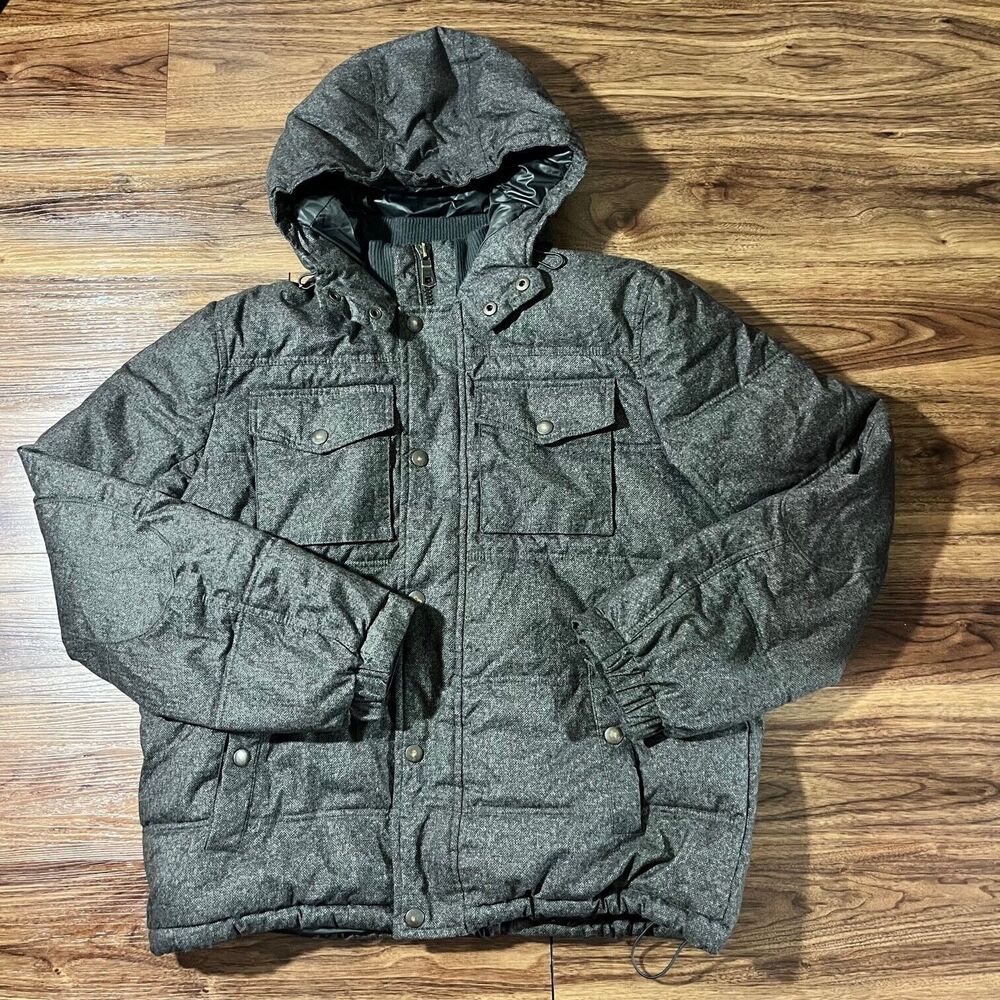 Tommy Hilfiger Puffer Coat Polyester Hooded Full Zip Snap Pockets Mens LG Gray